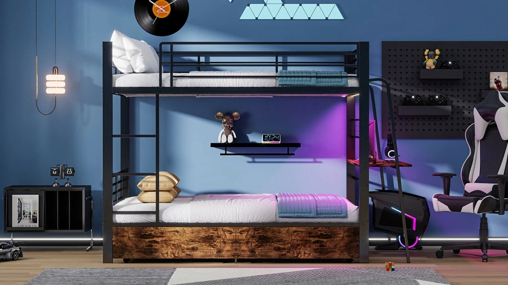 Letto a soppalco ULEVR 140x200 cm con scrivania, LED RGB, presa USB e Type-C, nero