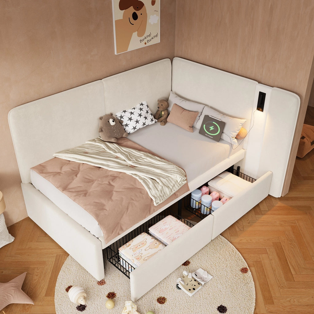 Letto giorno con cassettoni in velluto beige 90x200 cm
