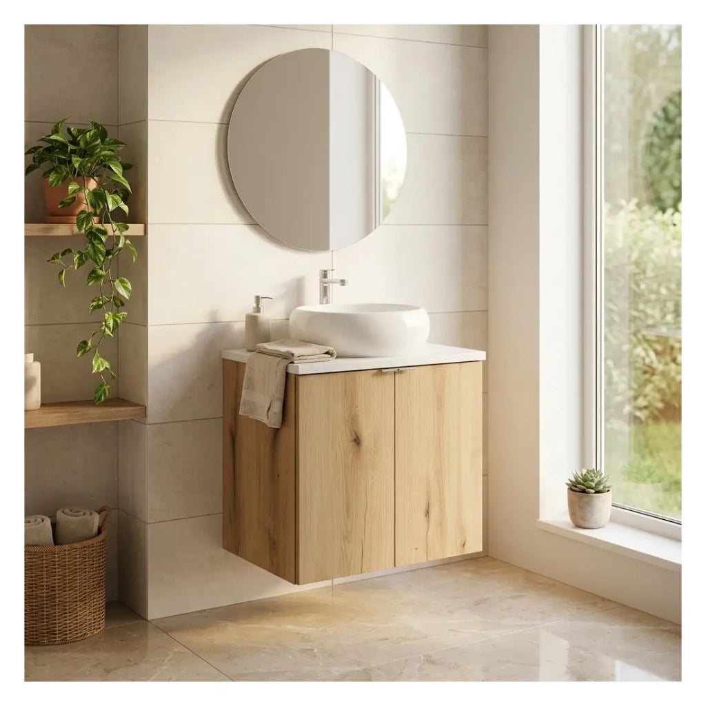 Set VANO effetto rovere e bianco 60cm: mobile sotto lavabo con armadietti + piano per lavabo + lavabo da appoggio rotondo bianco