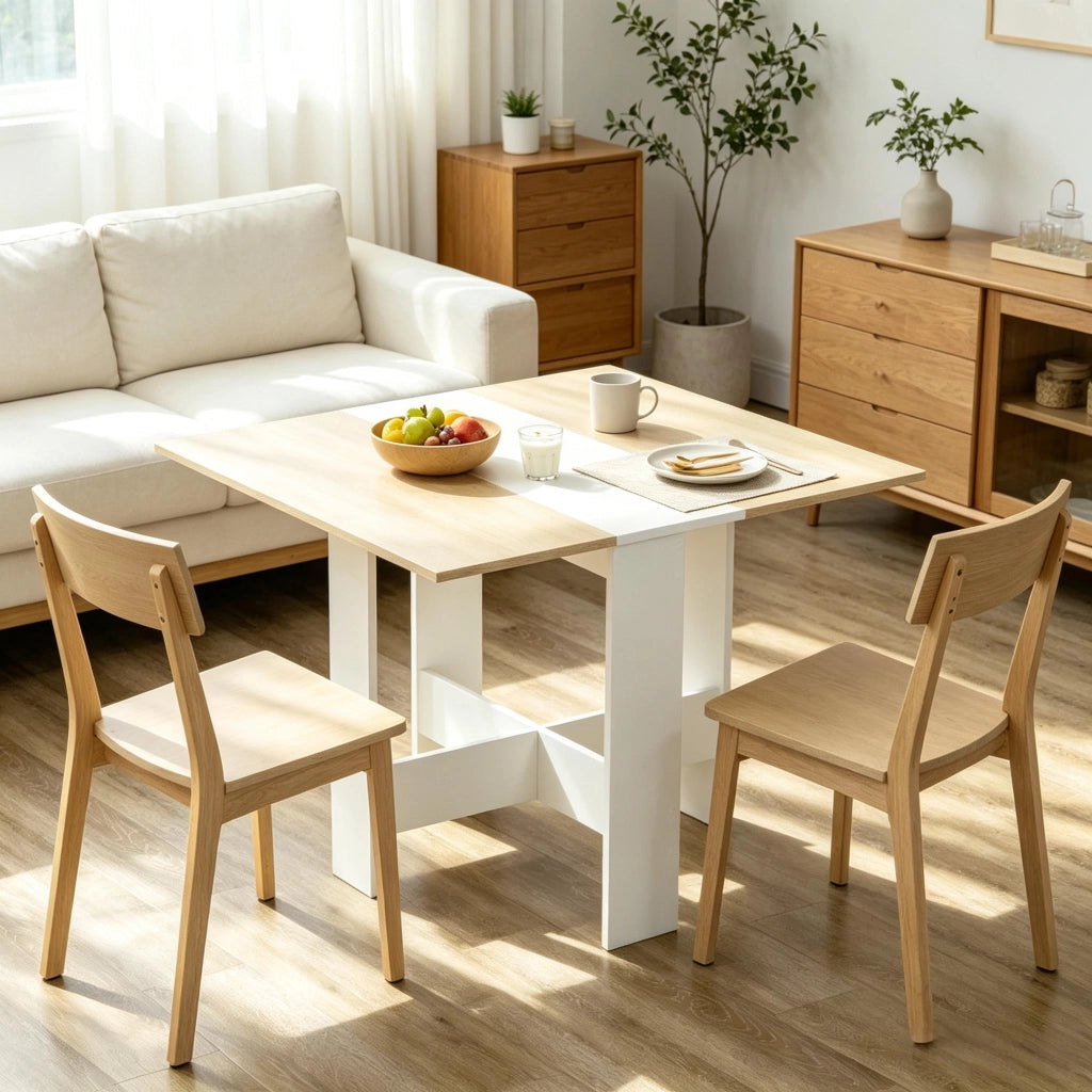Tavolo allungabile con piano pieghevole, struttura in MDF, design bicolore rovere bianco, per cucina e soggiorno