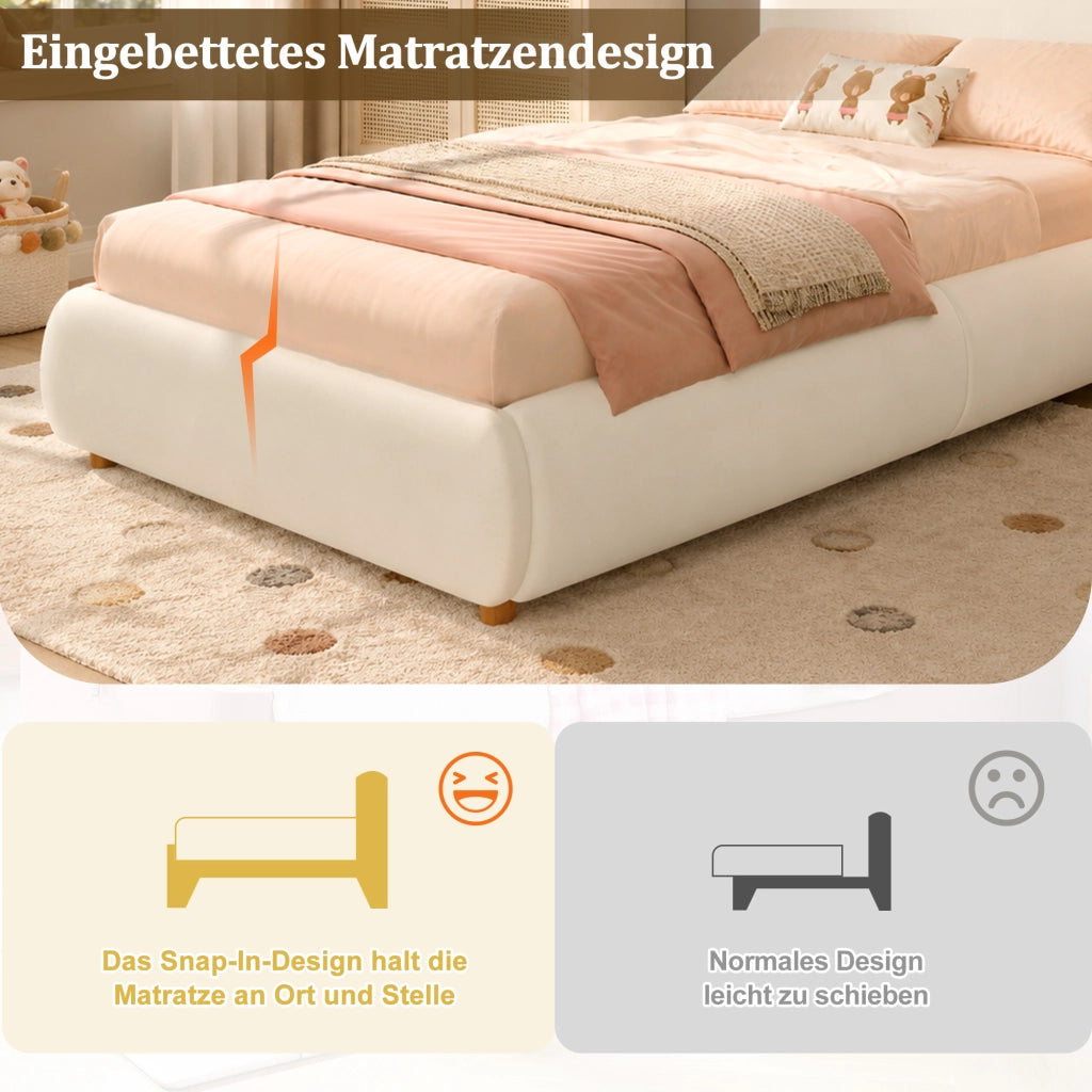 Letto per bambini 90 × 200 cm con contenitore idraulico, testiera imbottita, senza materasso, in velluto beige