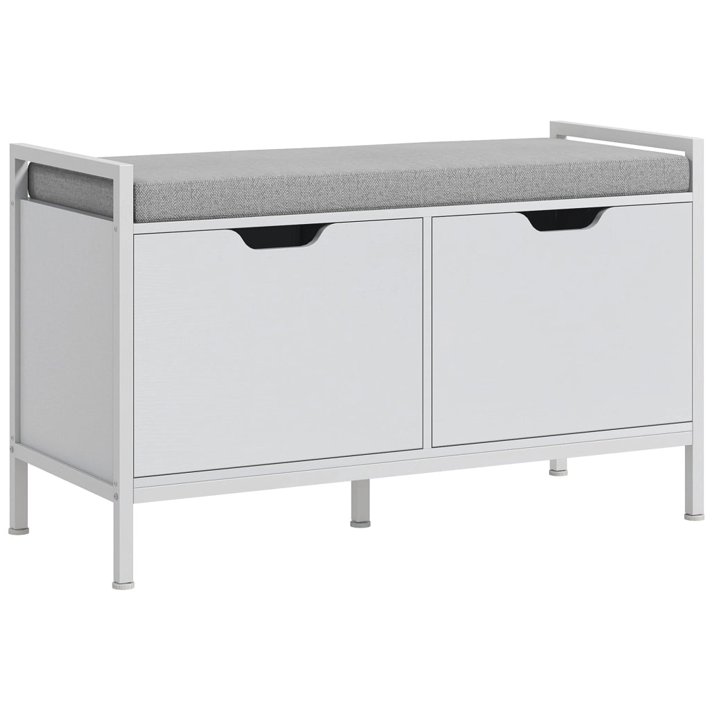 Panca Scarpiera 2 Armadietti con Cuscino 84x35x50 cm in Tessuto Effetto Lino e Legno Bianco