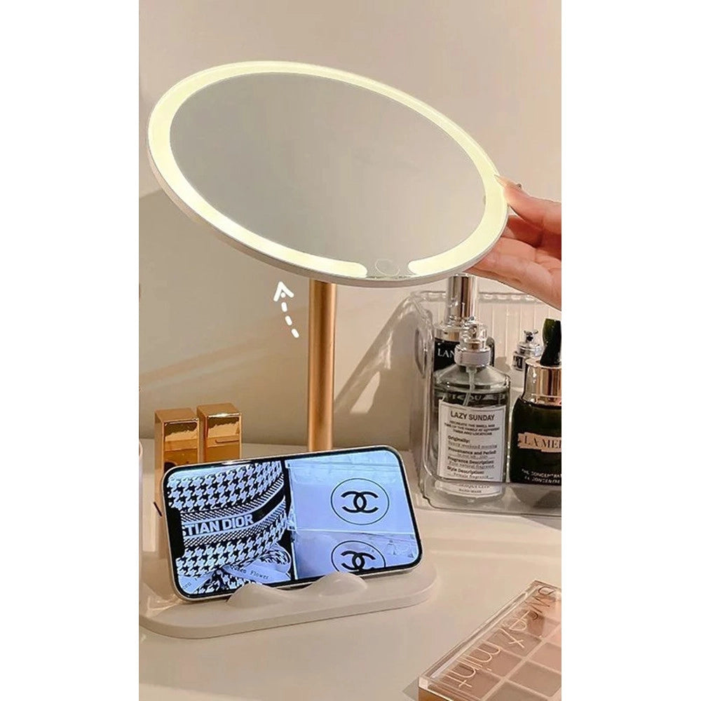 Trade Shop - Specchio Trucco Da Tavolo Con Luce Led Contenitore Portaoggetti Girevole Portacellulare -