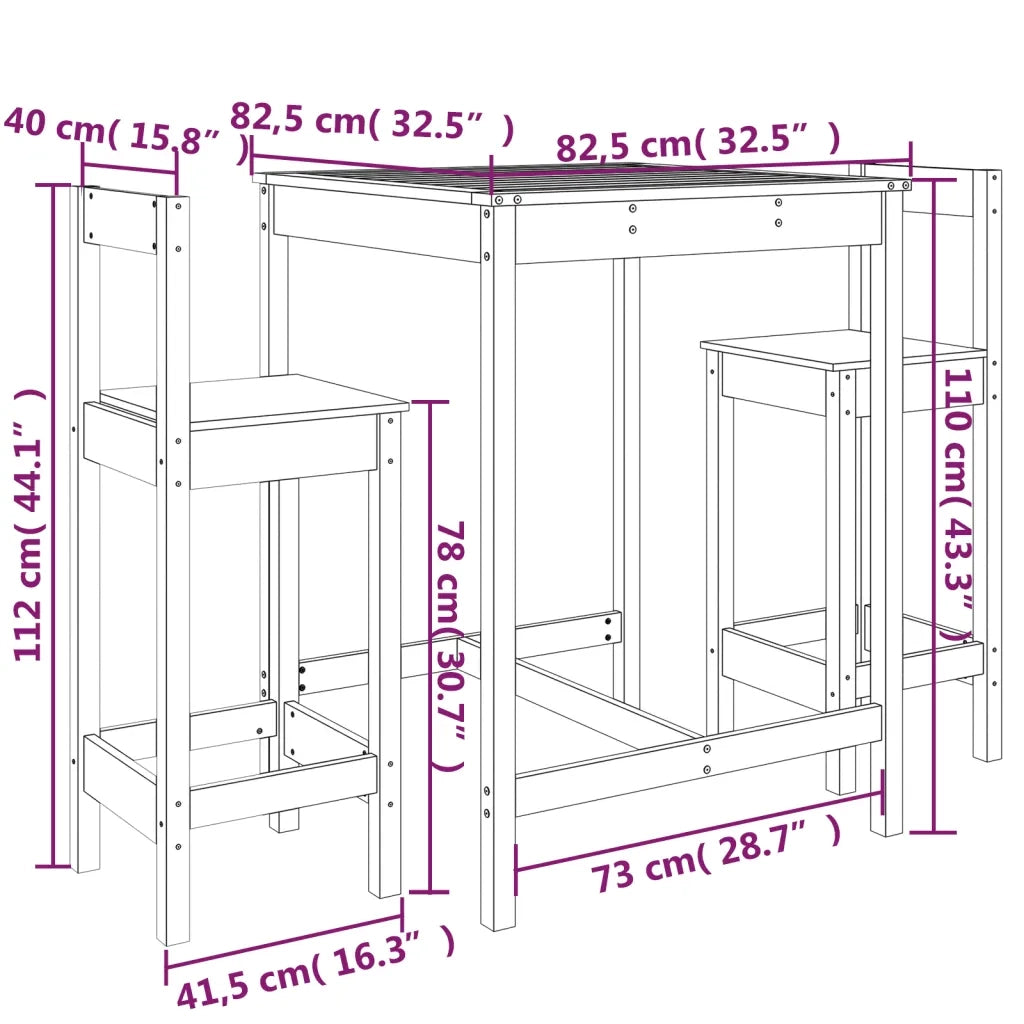 Set Bar da Giardino 3 pz Nero in Legno Massello di Pino 3154739
