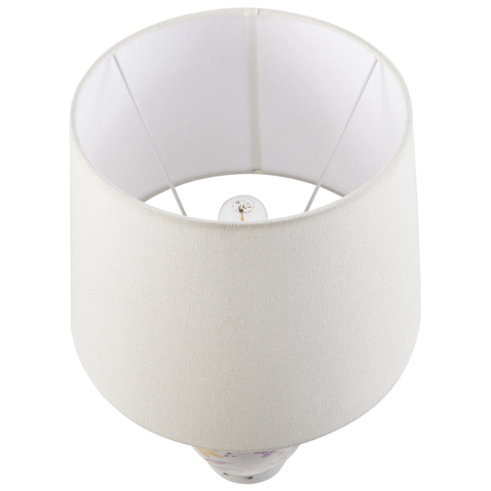 Lampada da tavolo Base in porcellana bianca Paralume a tamburo in lino con patten floreale Illuminazione elegante