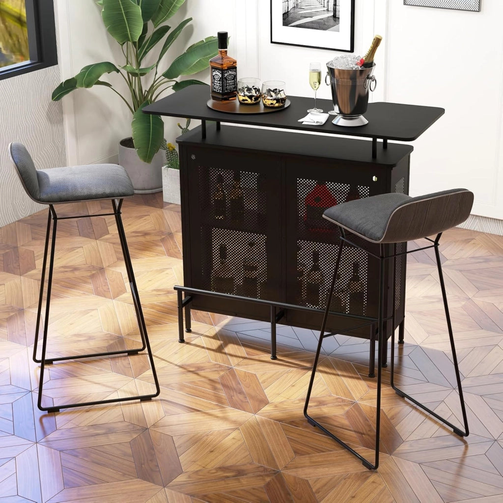 Tavolo da bar con 1 ripiano rialzato e 6 portabicchieri, tavolo da vino a 4 livelli, tavolo da cucina con poggiapiedi in stile industriale, nero, 120 x 50 x 106,5 cm