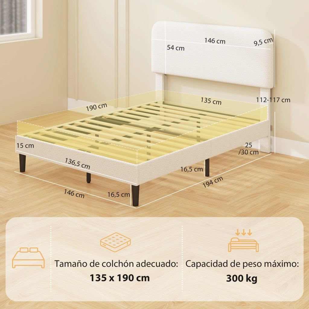 Letto Matrimoniale Imbottito con Testiera Regolabile in Altezza e Doghe di Legno ¨C Zephmum ¨C Bianco