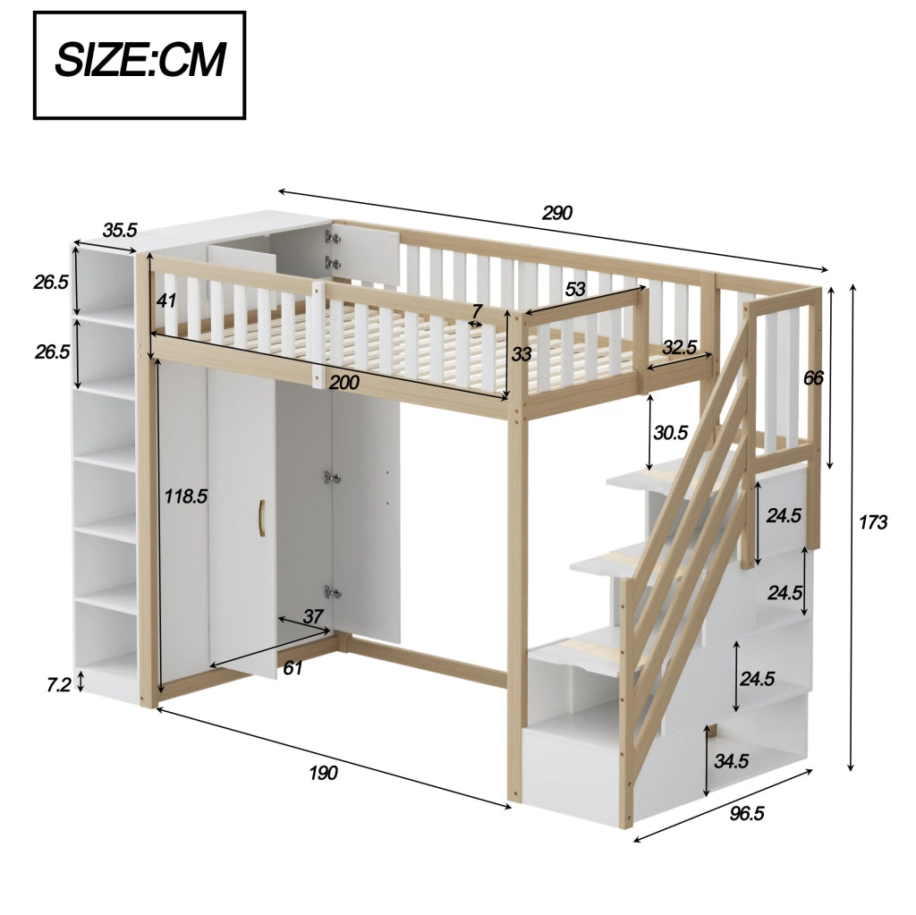 Letto a soppalco 90x200 cm con armadio; ripiani e cassetti; legno naturale e bianco