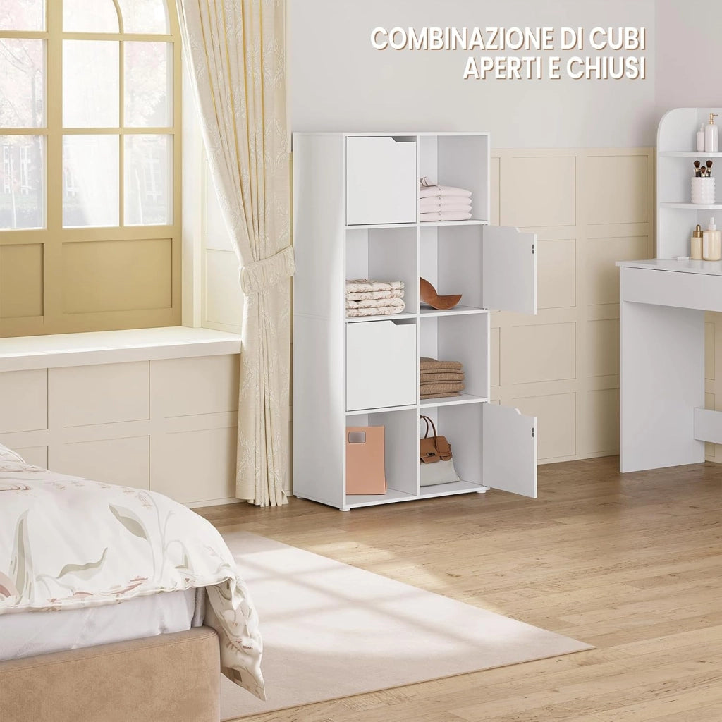 Libreria Autoportante, Libreria Bianca a 8 Cubi Portaoggetti, Porta Libri con 4 Ante, Scaffale Portaoggetti per Soggiorno, Ufficio, Studio, in Legno, SK039ws