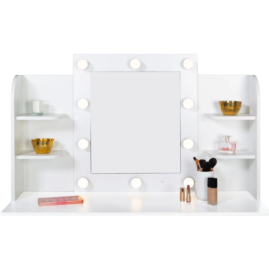 IDMarket - ZELIA tavolo da toilette bianco con 4 ripiani, specchio LED e sgabello