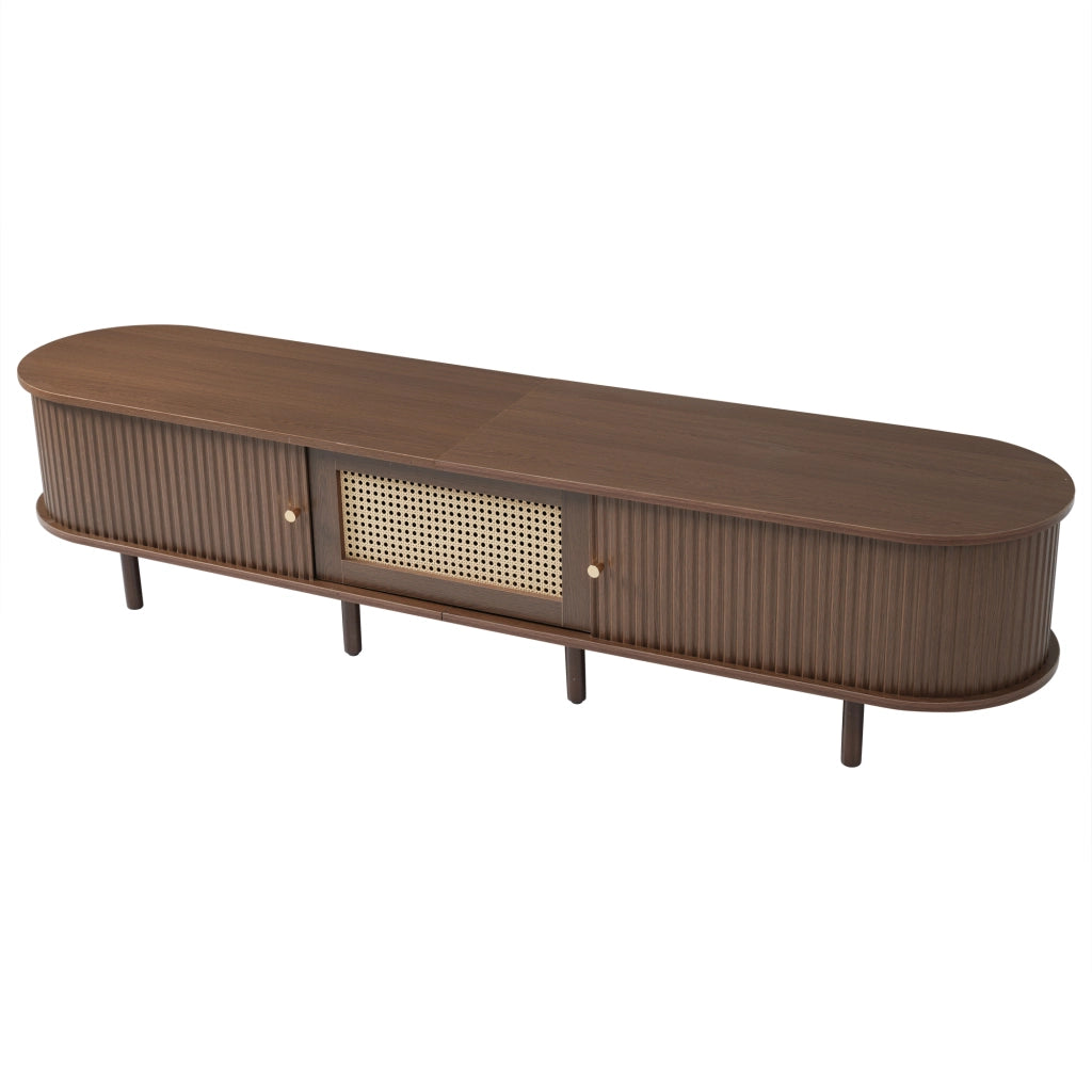 Mobile TV ovale in MDF con finitura noce scuro e dettaglio effetto rattan, 180 cm, 30 kg
