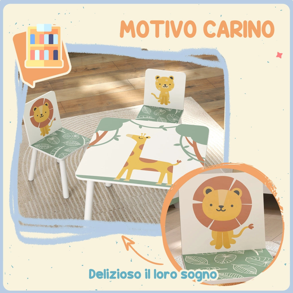 Set Tavolino e 2 Sedie per Bambini 3-8 Anni in MDF Fantasia con Animali Verde