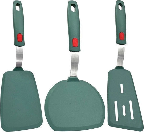 Set di spatole in silicone - Set da 3, rivestimento antiscivolo, termoresistente - accessori da cucina, spatola in gomma, priva di BPA - uova, pesce, pancake - Verde