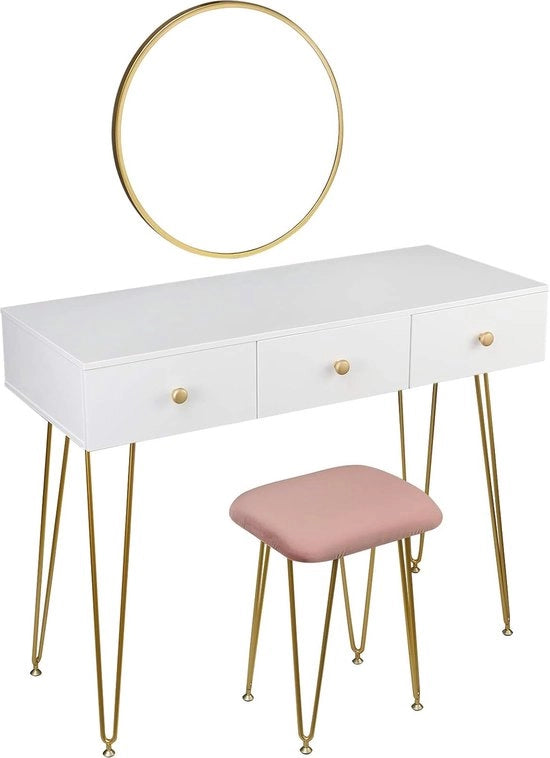 Tavolo di Trucco Elegante con Specchio e Sedia - Tavolo Multifunzionale di Trucco con 3 Comparti Scorrevoli, Bianco e Oro