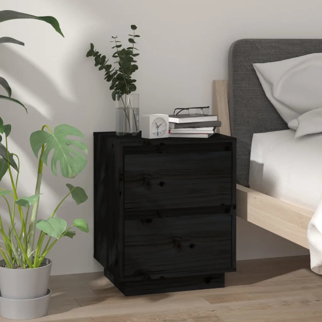 Set di 2 Comodini | Armadio da Notte | Mobiletto da notte Neri 40x35x50 cm in Legno Massello di Pino