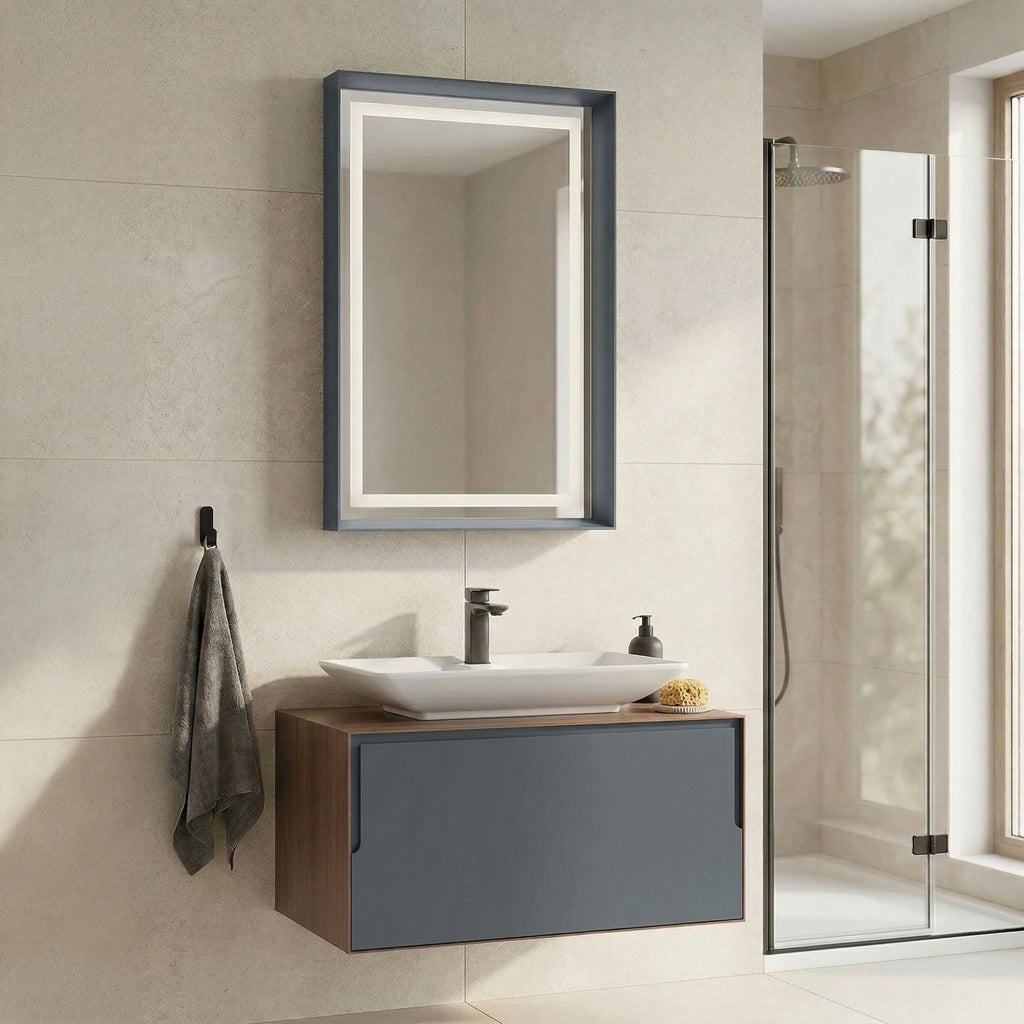 Set mobile lavabo con specchio (2 pezzi) "Craft 80" - 60 x 50 x 40 cm - Noce / Antracite / Bianco