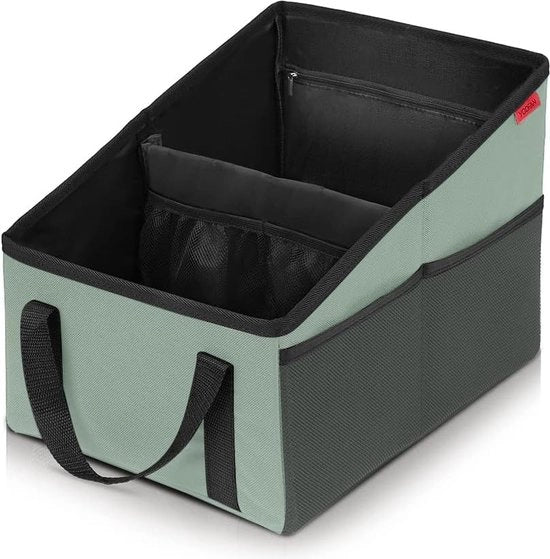 Organizzatore di sedili per auto per prese e posti posteriori, contenitore per adulti e bambini con contenitori per bicchieri, cinturino di fissaggio e cassetti di stoccaggio per giocattoli, libri, snack e altri articoli necessari