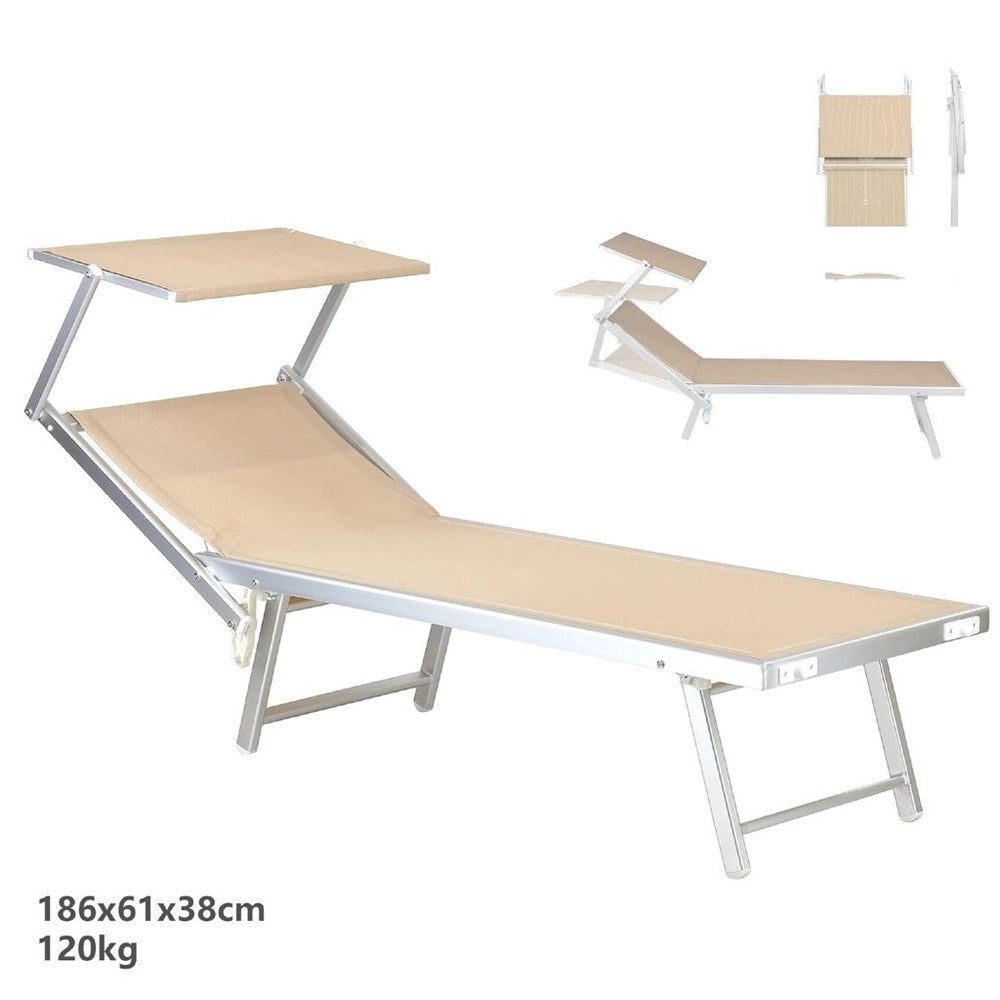 Trade Shop - Lettino Pieghevole Prendisole In Alluminio Textilene Con Parasole Orientabile 186x61x38cm - Beige