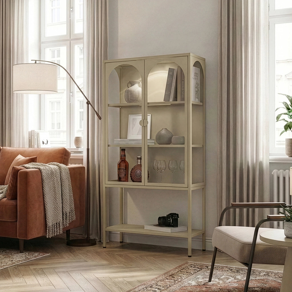 Vetrina Klippestad Credenza Alta a 2 Ante in Vetro e Ripiano Aperto 160 x 80 x 35 cm - Color Cammello [en.casa]