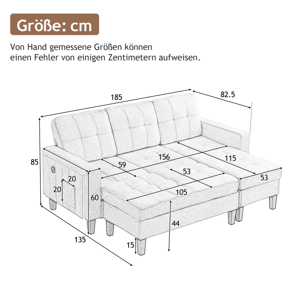 Divano letto modulare a L con pouf mobile; LED e USB; tessuto chenille grigio anticato