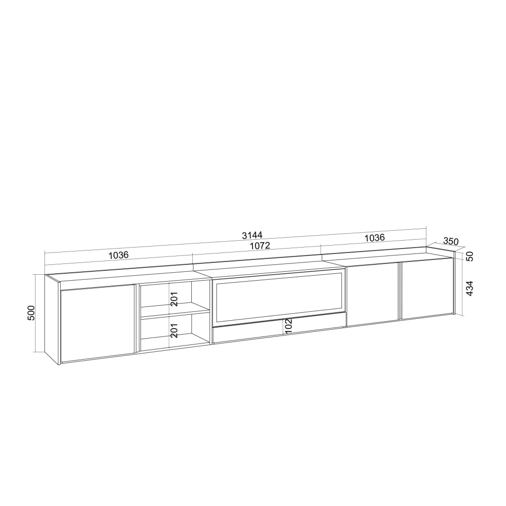 Mobile TV Soggiorno, 315x50x35 cm, Per TV fino a 80", Camino elettrico XXL, Rovere scuro e Nero