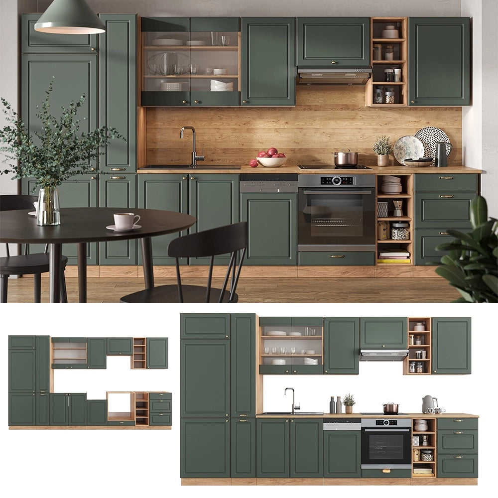 Cucina componibile Fame-Line Verde-oro rustico/Rovere dorato 355 cm senza piano di lavoro Vicco