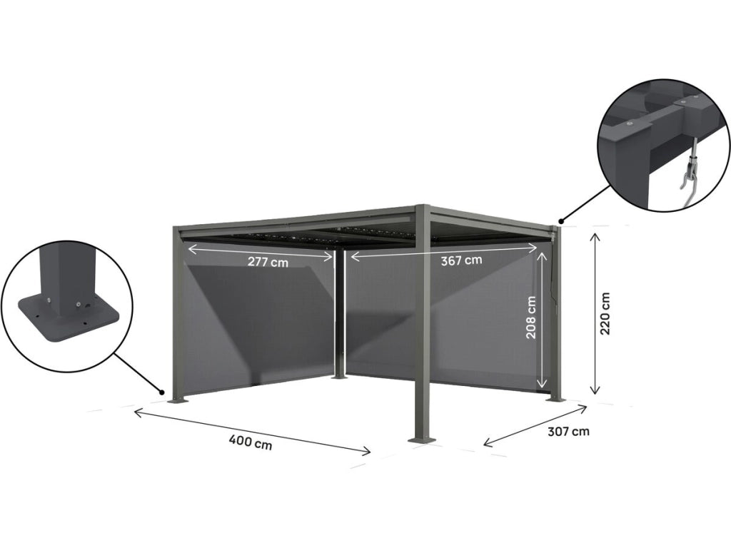 Pergola bioclimatica "Howard" con 2 tende in acciaio zincato - 3 x 4 m - Grigio