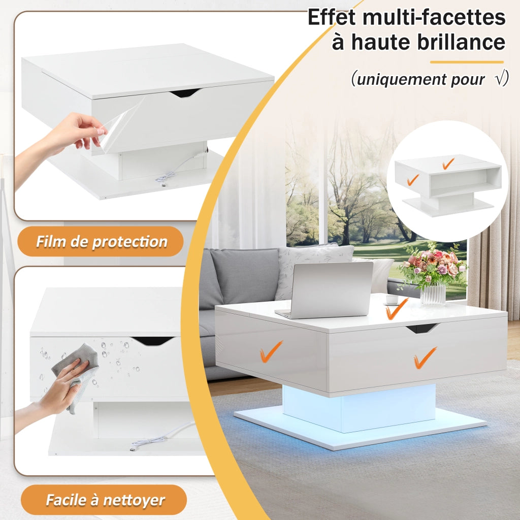 Tavolino da caffè alzabile con vano nascosto; LED; per soggiorno; 80×75×40 cm; bianco