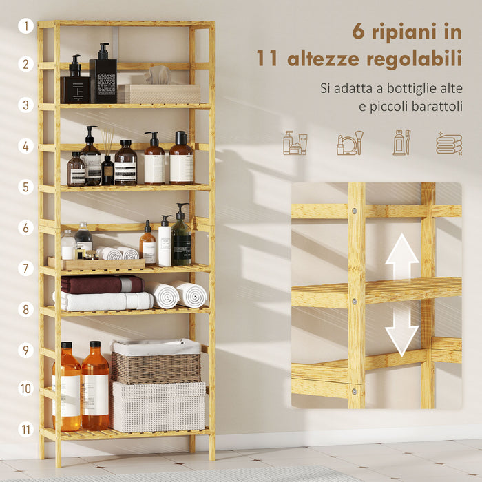 Scaffale Autoportante 60x26x161 cm a 6 Livelli con Ripiani Regolabili in Legno di Bambù Legno Naturale