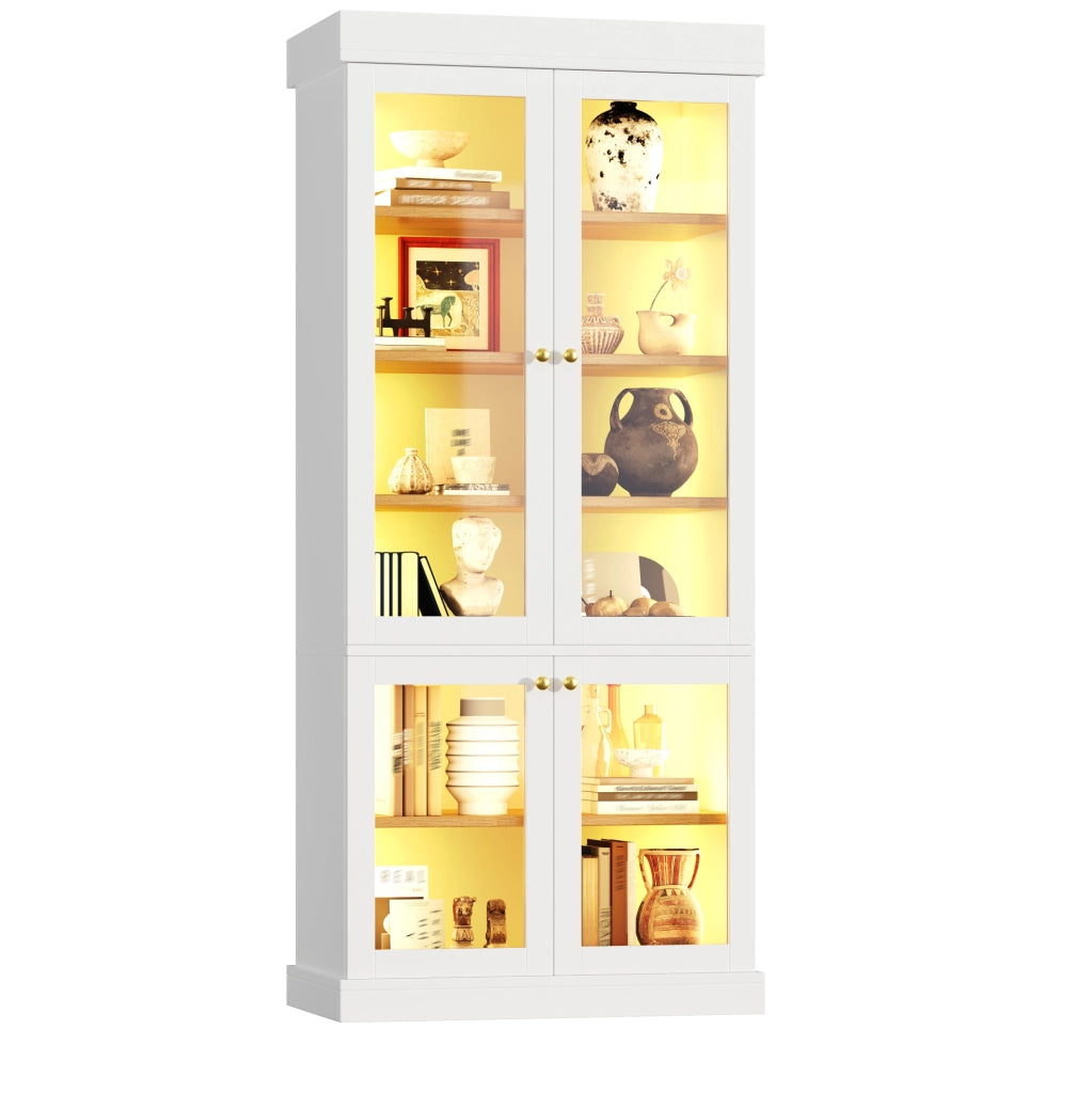 Mobile alto con LED multicolore e ripiani; 80x40x180 cm in MDF e vetro bianco