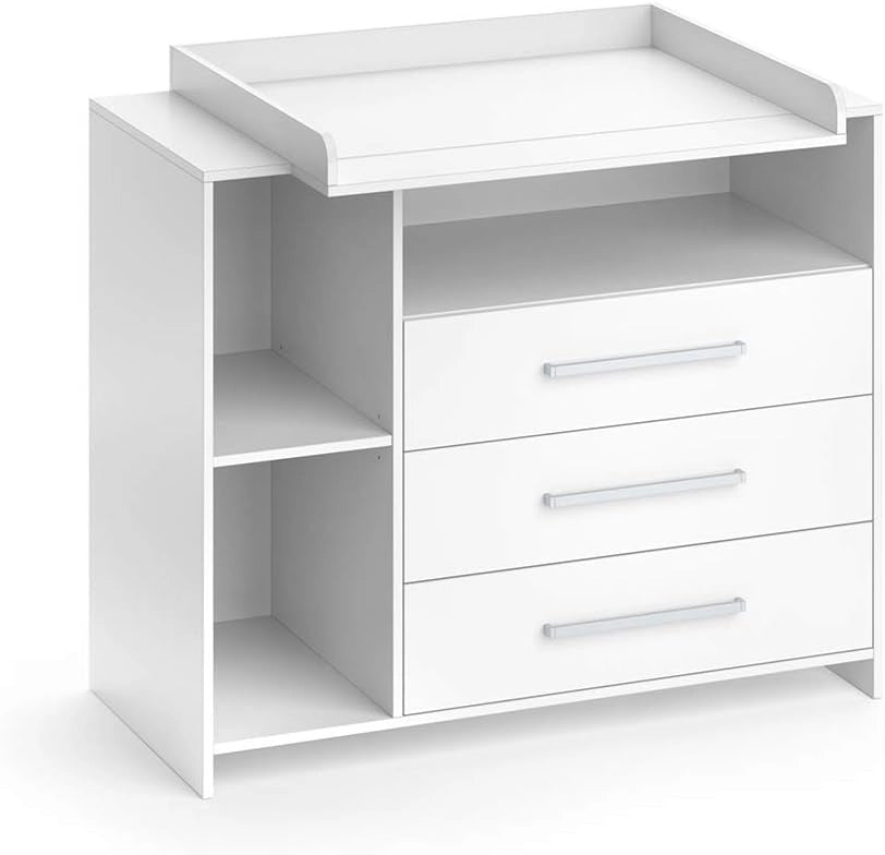 Fasciatoio Oskar, Bianco, 113 x 100 cm con 3 ampi cassetti, convertibile in cassettiera grazie al fasciatoio rimovibile