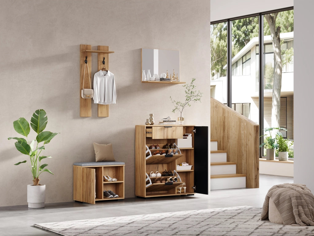 Set di mobili da ingresso con panca scarpiera scarpiera con specchio e ganci in pannello di particelle naturale e nero