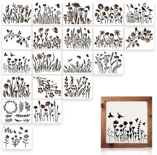 Schede per fiori 20 pezzi - Schede riciclabili - Stencil in plastica - Per dipingere su legno/muro/canvas - Dimensione 15 x 12 cm - Materiale PET duraturo - Schede per pittura