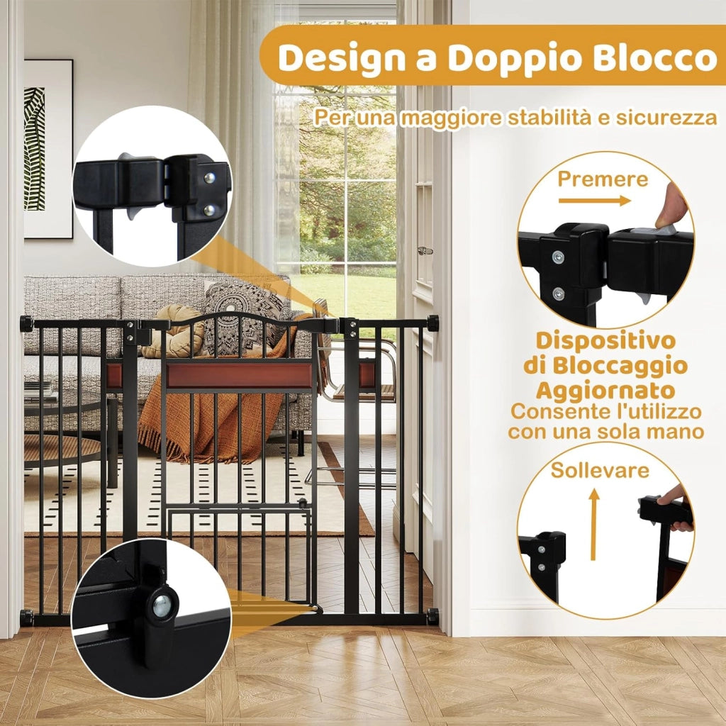 Cancelletto per Cani per Aperture 74-104 cm, Cancello per Cani con Porta Piccola, 2 Estensioni e Doppio Blocco, Cancelletto in Metallo da Interno per Cucina, Scale e Soggiorno (Nero)