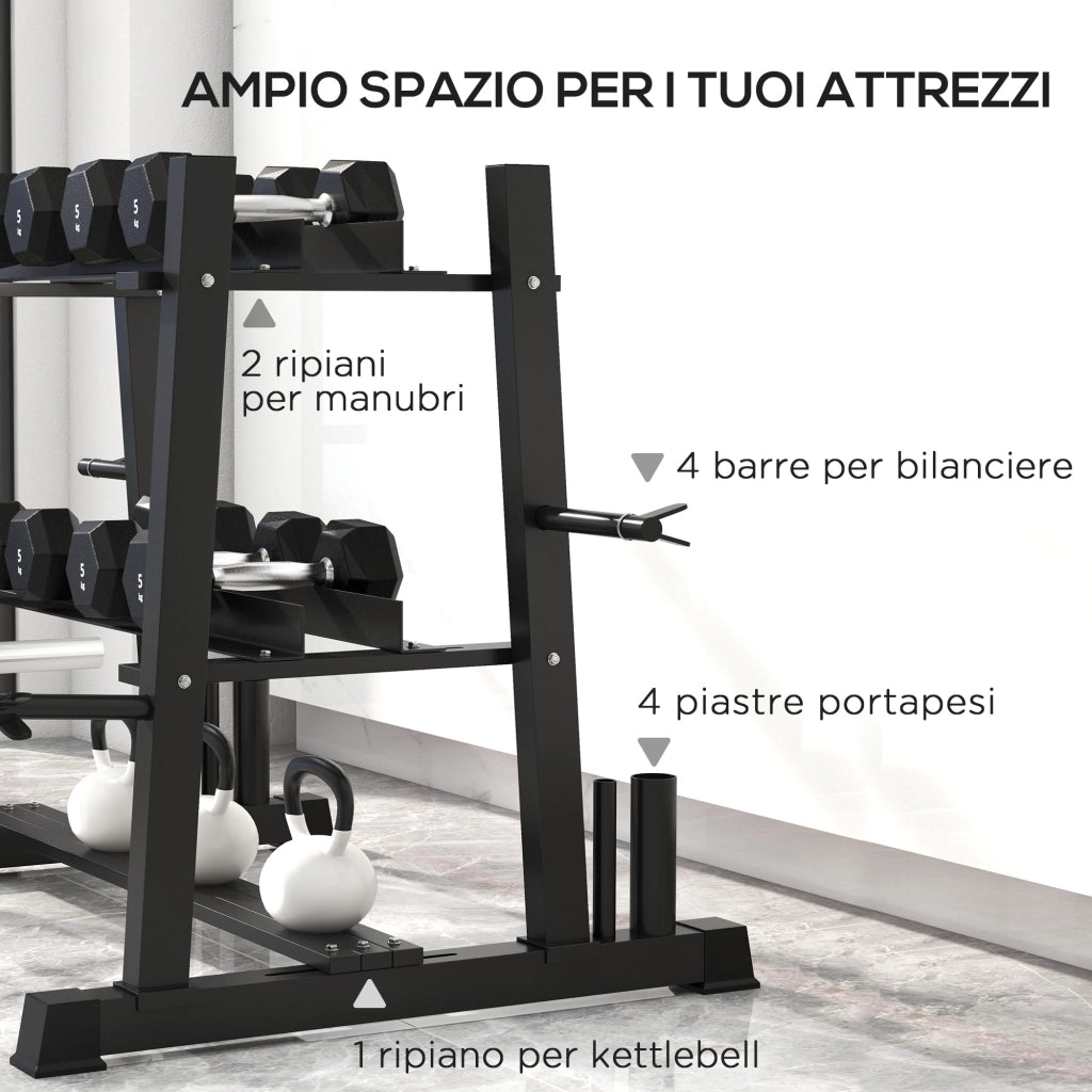 Rack per Manubri e Kettlebell in Acciaio con 4 Aste Regolabili ¨C zephmum ¨C Nero, 131x75x80 cm
