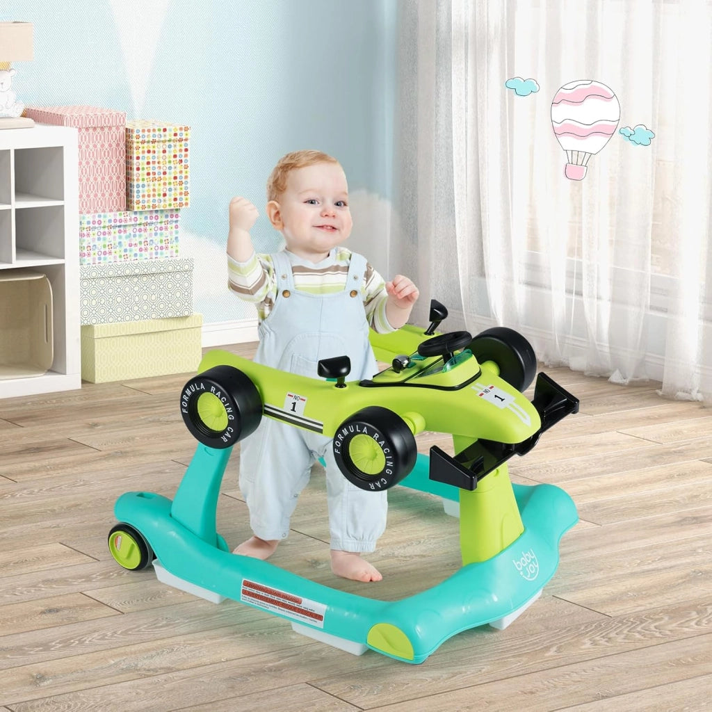 Girello per Bambini 6-18 Mesi, Baby Walker 4 in 1 con Musica e Luci, Primi Passi Piegevole e Portatile, Altezza e Velocità Regolabili, Carrello da Spinta, Forma di Macchinina (Blu + Verde)