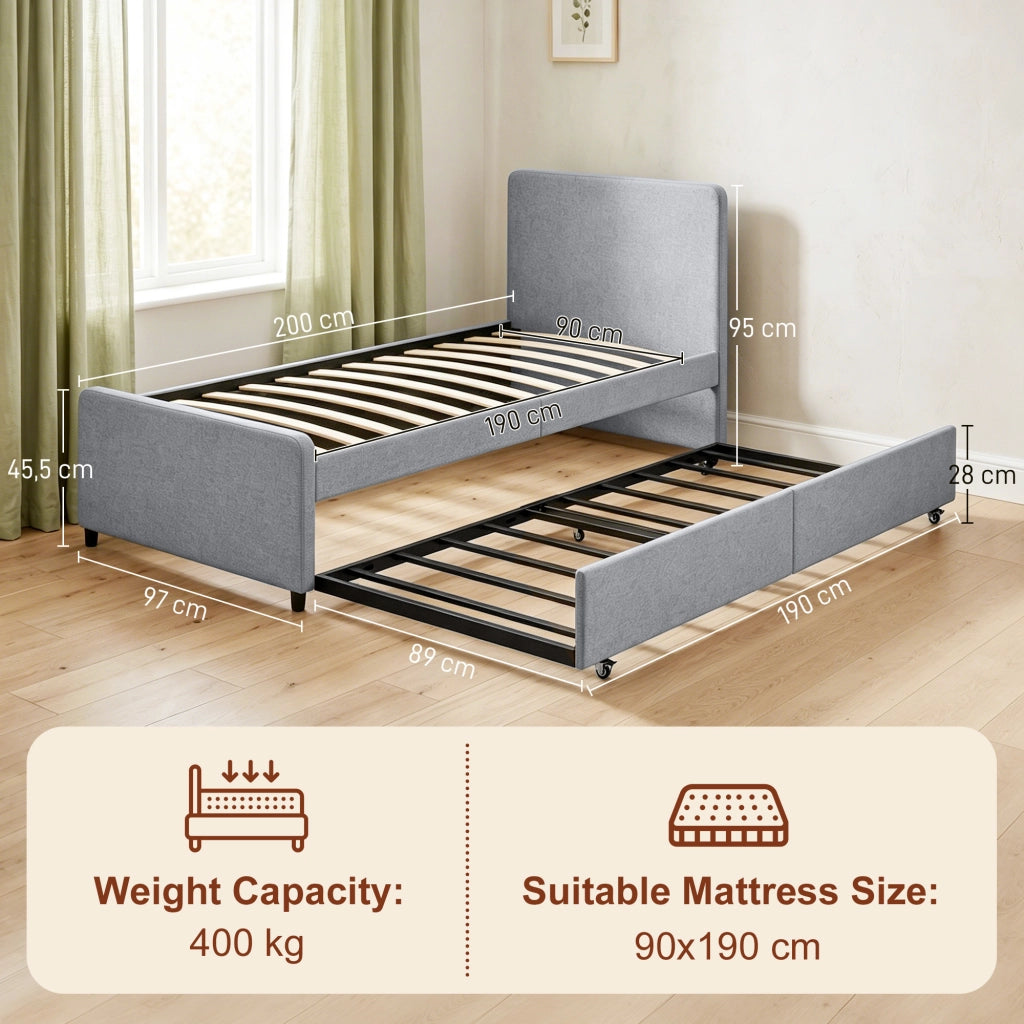 Letto estraibile con rete a doghe 90x190 cm ¨C Xylo ¨C Testiera imbottita grigio chiaro