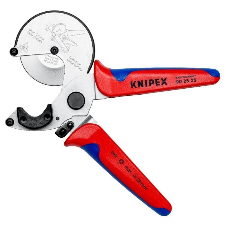 KNIPEX 90 25 25 Tagliatubi per Tubi Compositi e in Plastica Fino a Ø 26 mm con Impugnature Ergonomiche Multicomponente e Meccanismo di Bloccaggio Colore Acciaio