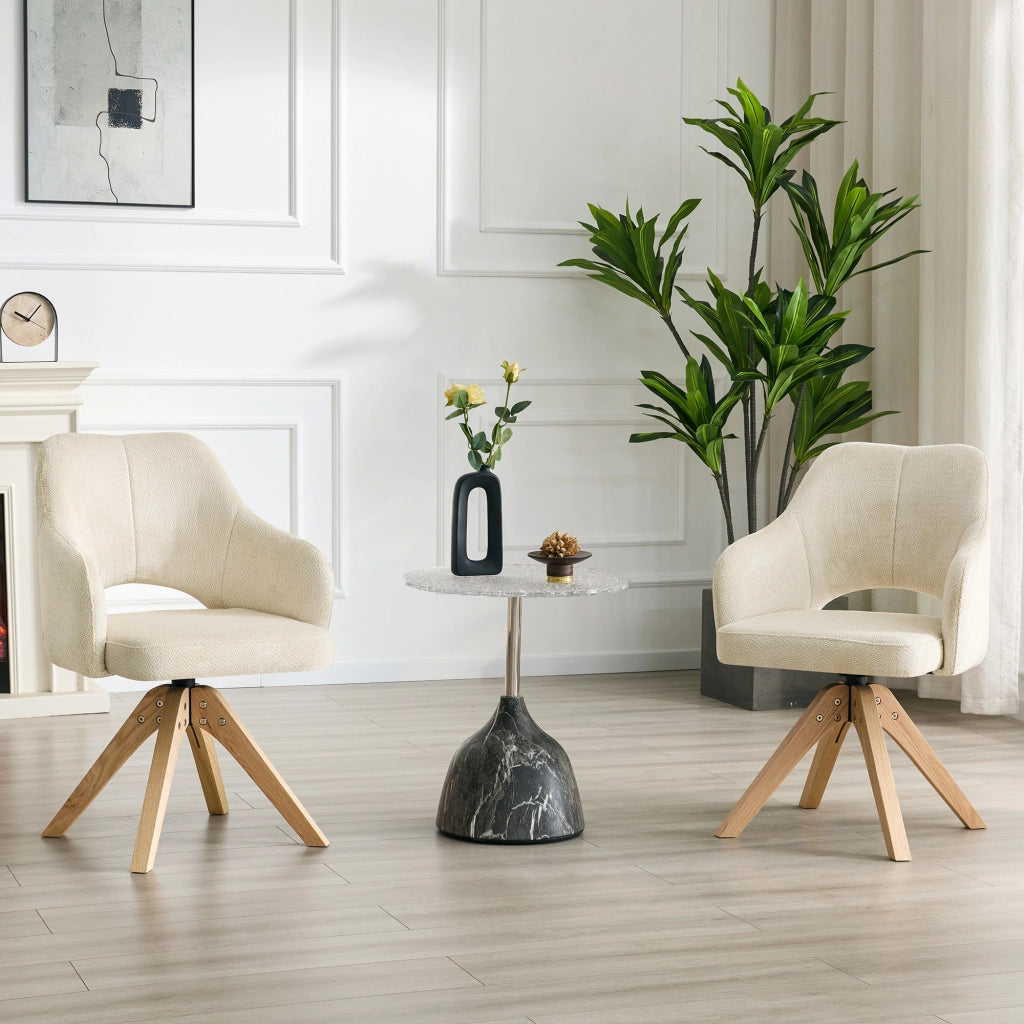 Sedie da pranzo girevoli set da 2 con schienale ergonomico e rotazione 360 gradi in tessuto bianco e legno massello