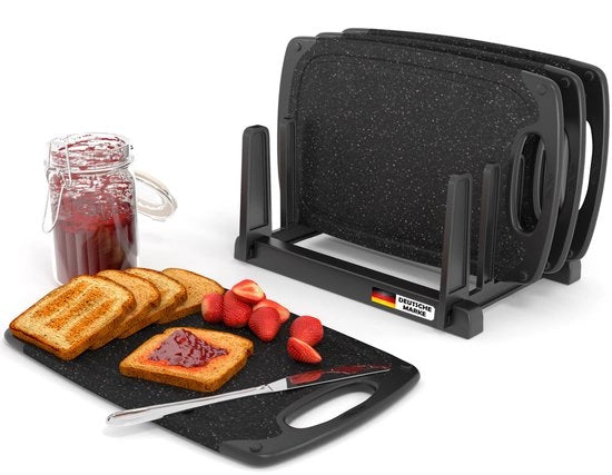 Set di appendi asciugamani da cucina da 4 pezzi con standard, 25 x 15 cm, nero-nero, resistente al lavastoviglie, con fondo antiscivolo su entrambi i lati, con canale per succhi di frutta e maniglia, piccolo tagliapasta antibatterico in plastica