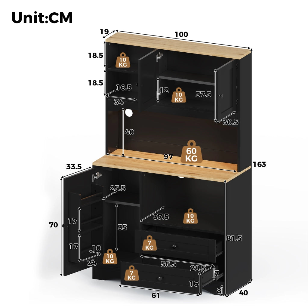 Credenza da cucina alta con LED, presa integrata, 2 cassetti e ripiani regolabili, per cucina, nero, 100 × 40 × 163 cm