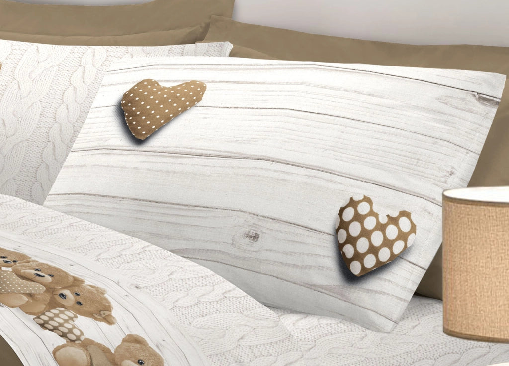 Completo Lenzuola Linea Pensieri Delicati 100% Cotone Disegno New Orsetti - Singolo - Beige