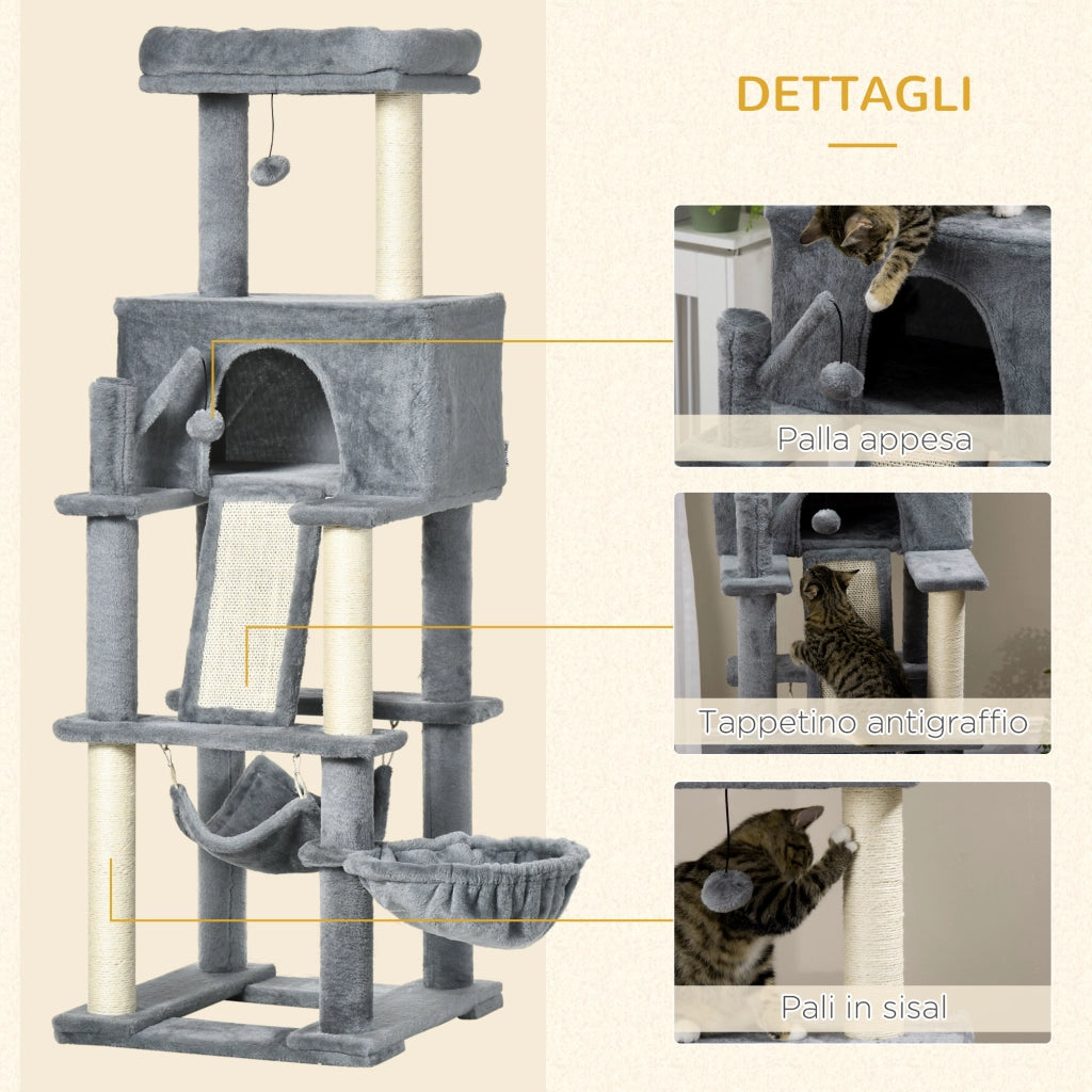 Tiragraffi per Gatti con Casa e Amaca ¨C Zephmum ¨C Grigio 48x48x140cm