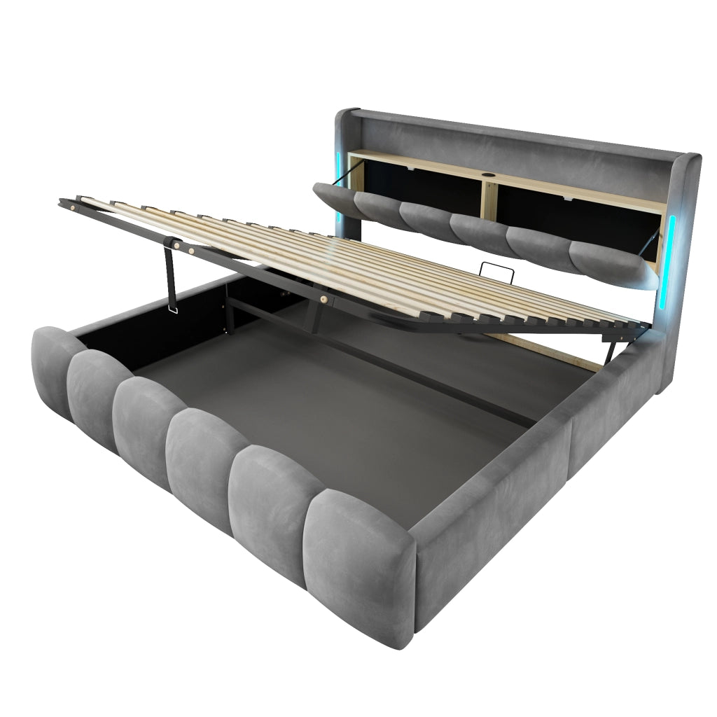 Letto contenitore 180×200 cm; letto matrimoniale con LED; testiera con vano; USB e Type-C; senza materasso; velluto