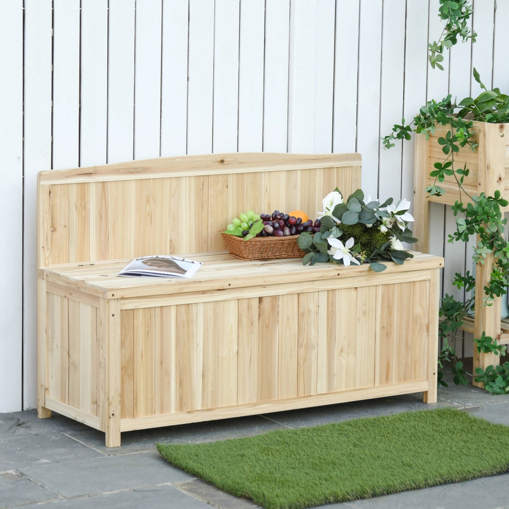Panca Contenitore da Esterno in Legno di Abete Naturale con Schienale per Giardino e Terrazza, 115x45x75cm