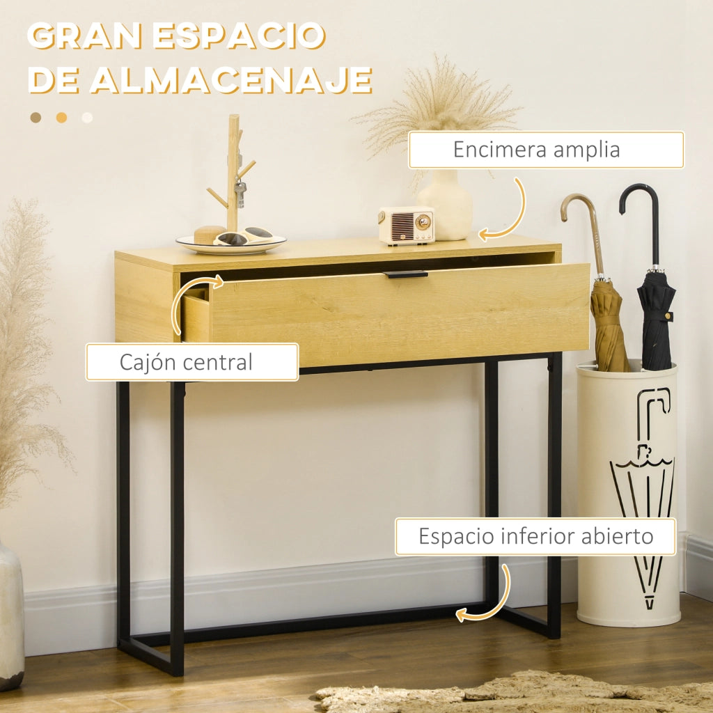 Tavolino consolle con cassetto ¨C Zephmum ¨C Legno naturale gambe acciaio 80x30x76 cm