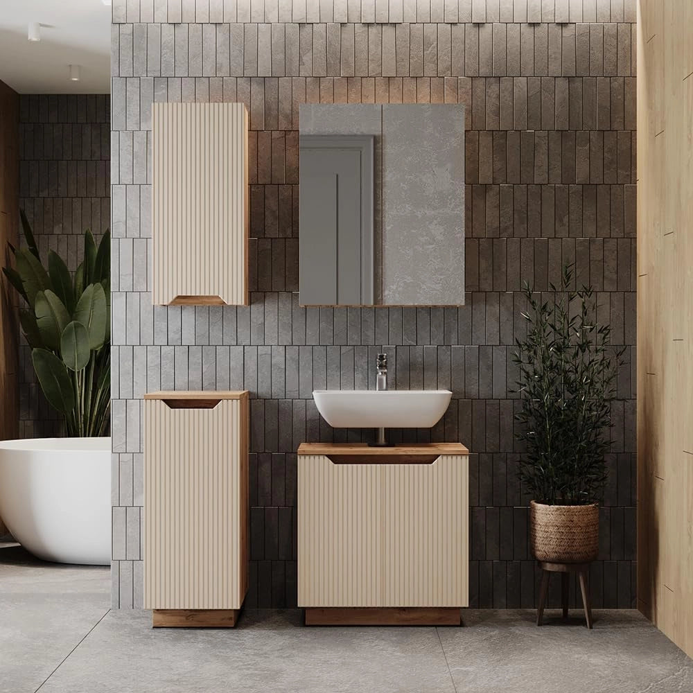 Set di mobili da bagno Lotta, Rovere/cashmere a righe, 4 parti