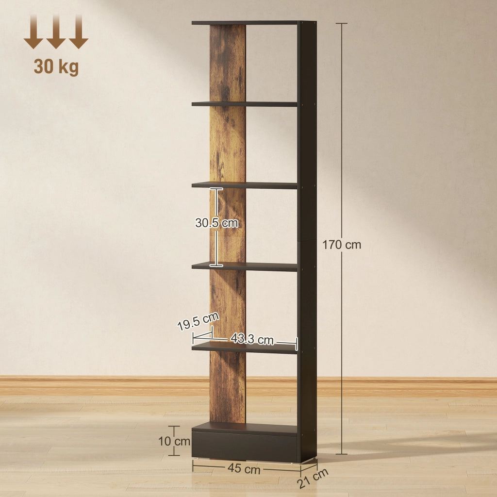 Libreria Moderna Salvaspazio a 5 Ripiani in Legno 45x21x170 cm, Marrone e Nero