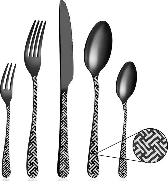 Set di finitura in seta nera lucida per 30 pezzi, set di posateria con coltello, forchetta, cucchiaio, servizio per 6 persone, resistente al lavastoviglie, facile da pulire