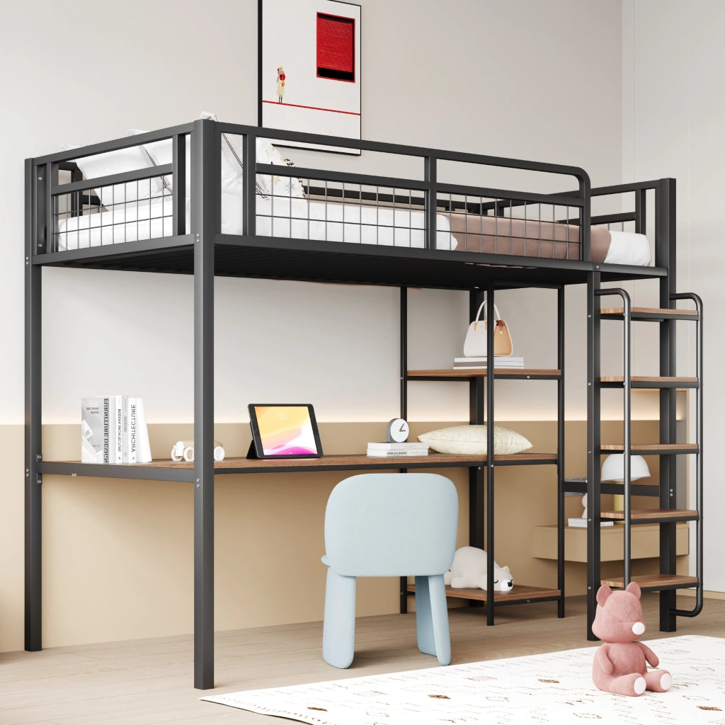 OKWISH Letto a Soppalco 90×200 cm, Letto Singolo con Scala a Gradini, Scrivania e Mensole, senza Materasso, in Metallo, Nero